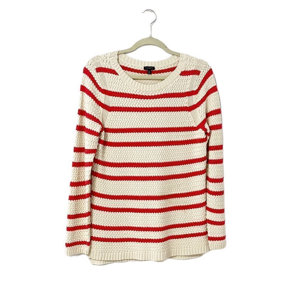 🟢Talbots Cream and Coral Striped Knit Crew Neck Sweater M - Picture 1 of 6